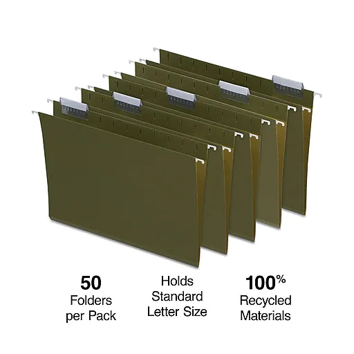 Hanging File Folder, 5-Tab, Letter Size, Standard Green, 50/Box