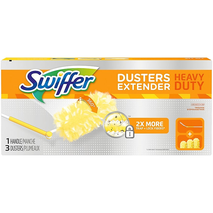 Swiffer® 360 Plumeros de fibra resistentes y duraderos con juego de mango extensible, blanco/amarillo